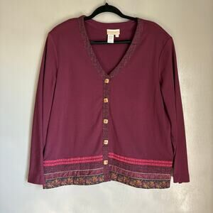 COLDWATER CREEK Women's XL Burgundy Casual Jacket Velvet Trim Boho Comfort